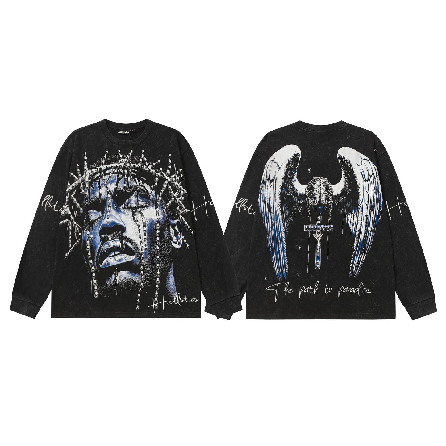Hellstar Washed Black Wing Cross Long-Sleeve T-Shirt — hero