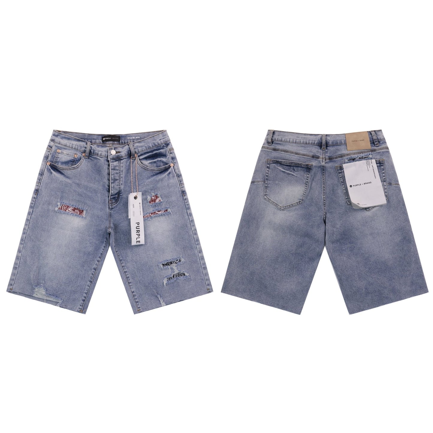 Purple Brand Distressed Patch Denim Shorts — comparison