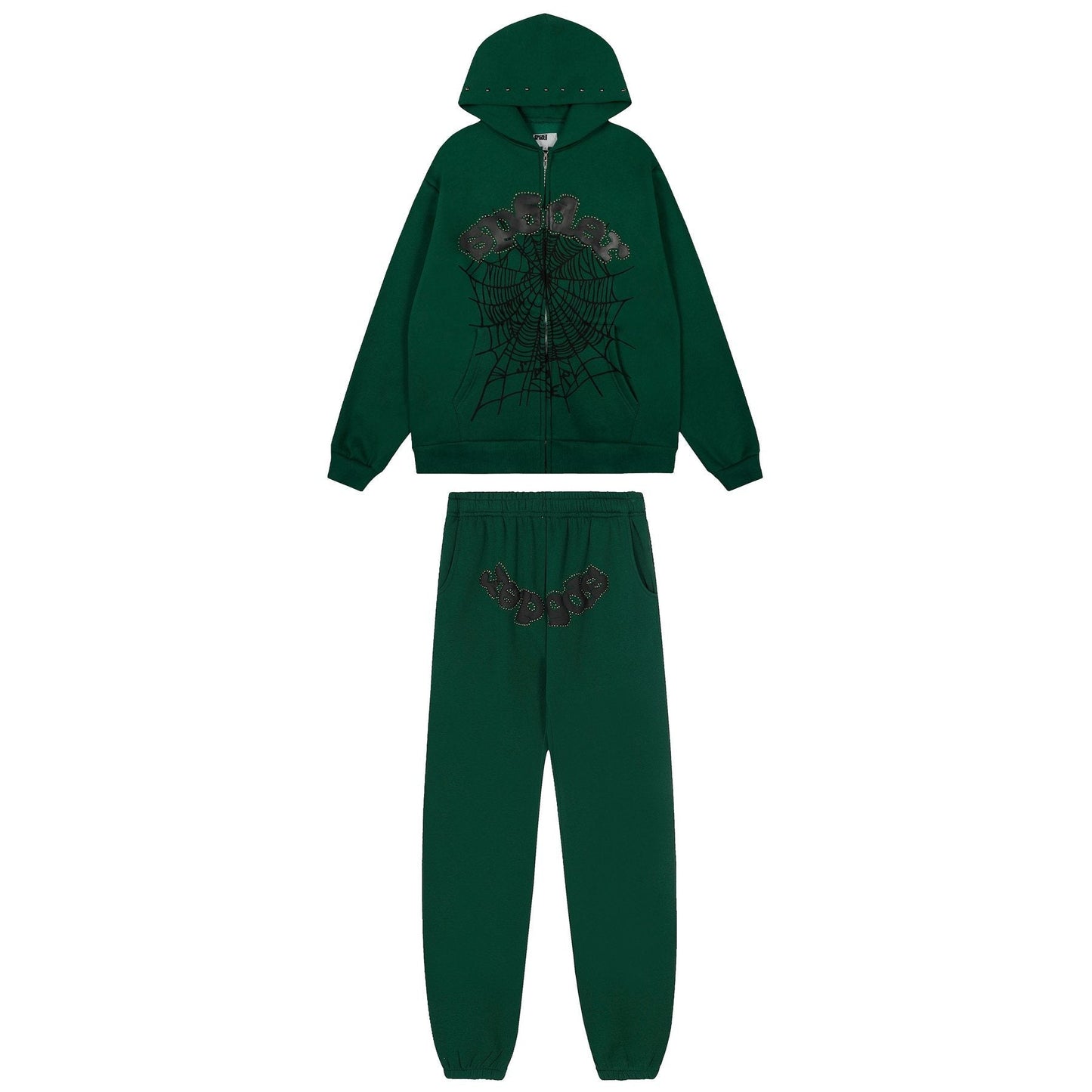 Sp5der Spiderweb Graphic Zip Hoodie & Sweatpants Matching Set — front