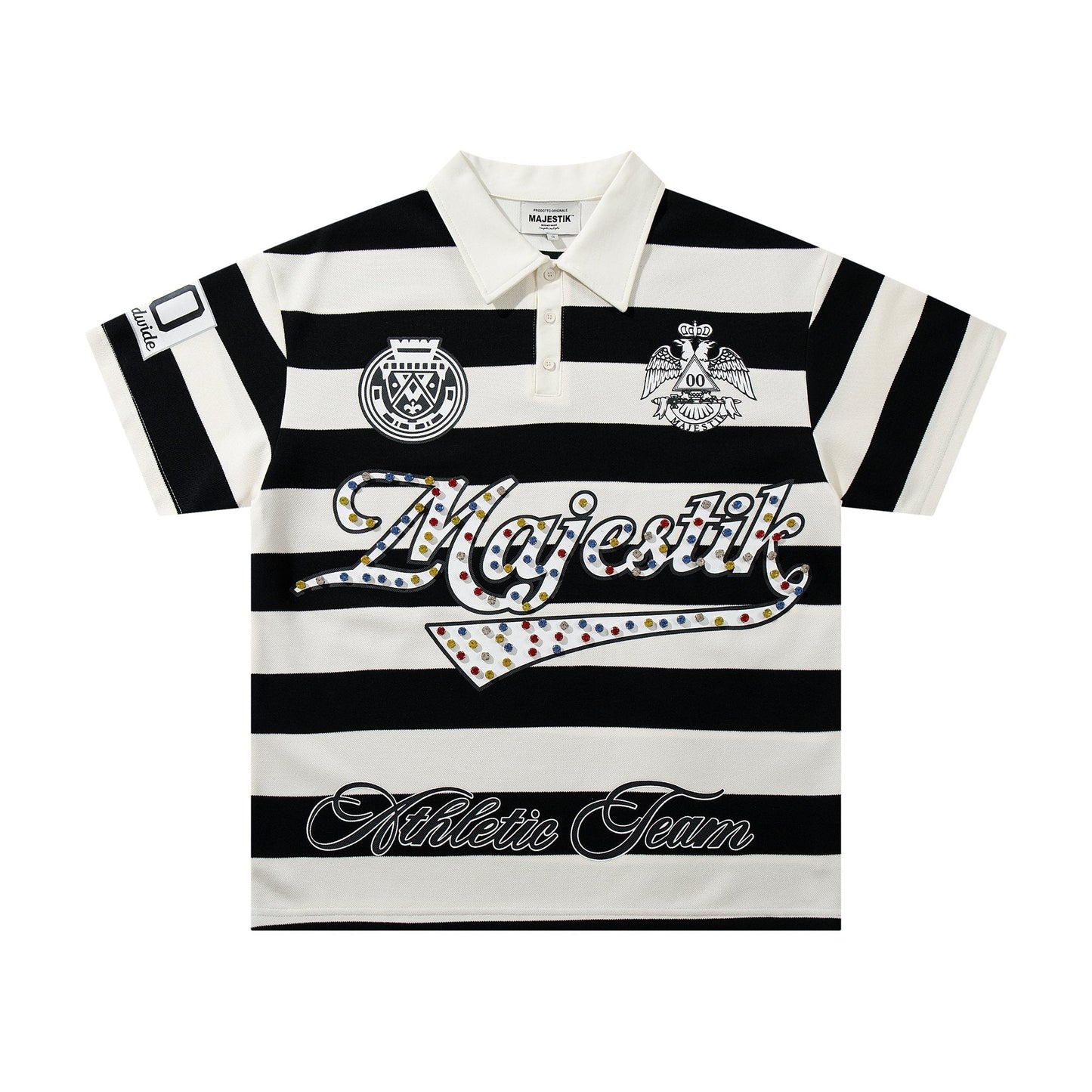 MAJESTIK Striped Crest Graphic Polo Shirt — hero
