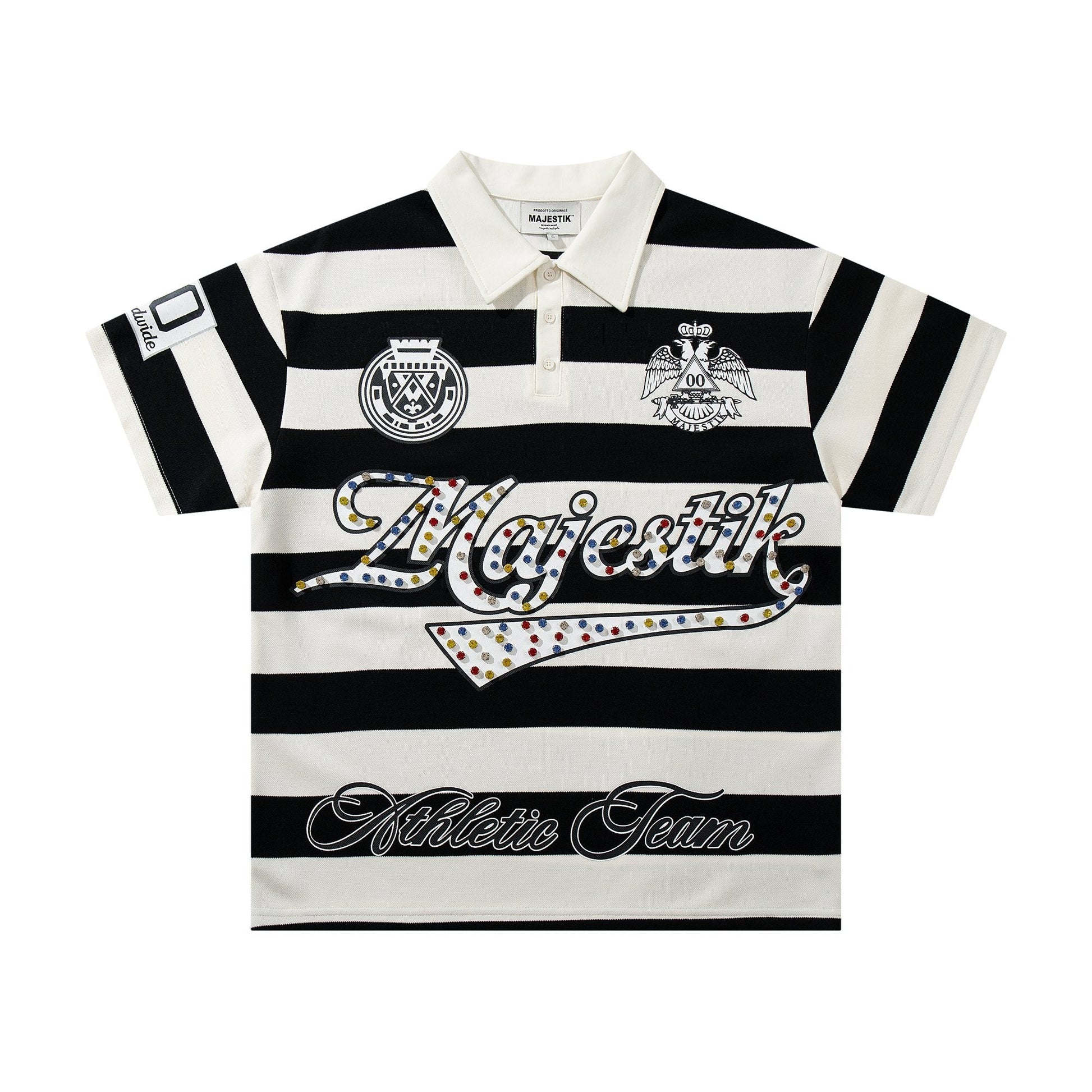 MAJESTIK Striped Crest Graphic Polo Shirt — hero